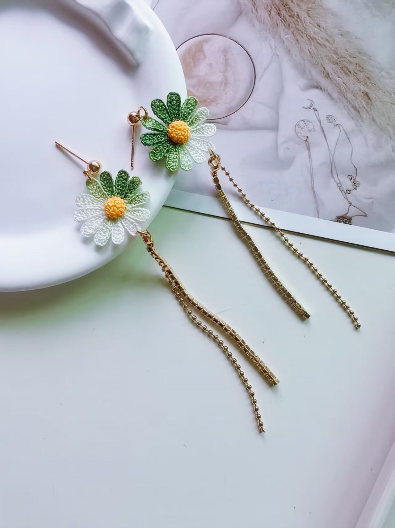Green Daisy Crochet Earrings