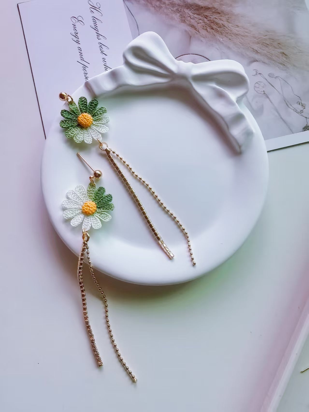 Green Daisy Crochet Earrings